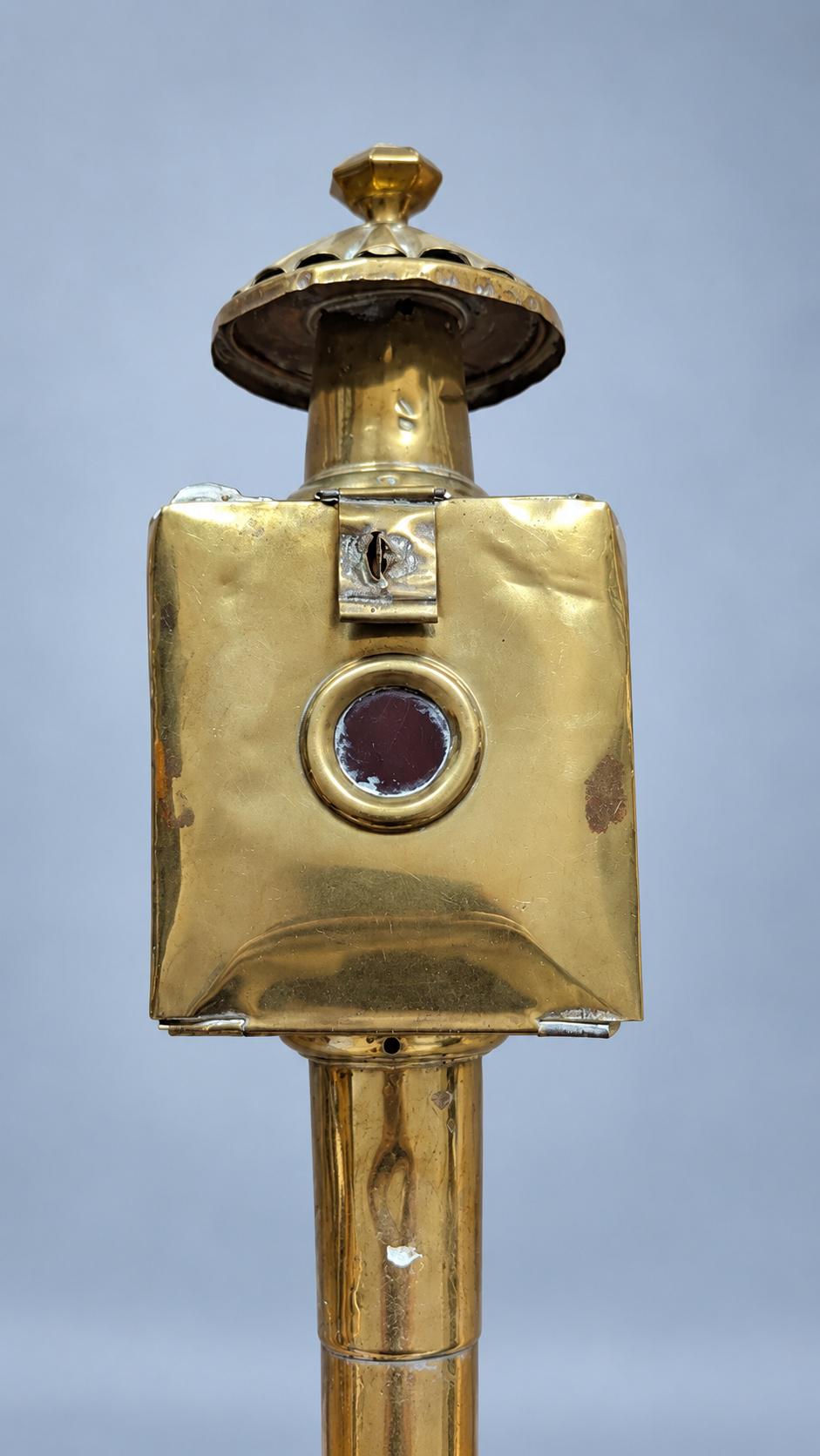 Pair of Brass-Tone Carriage Lanterns, Square Glass Boxes with Hinged Doors and Long Shafts, 48 cm