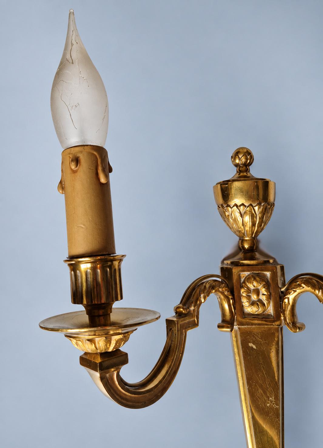 Vintage Pair of Louis XVI Style Brass-Tone Two-Arm Wall Sconces with Urn and Rosette