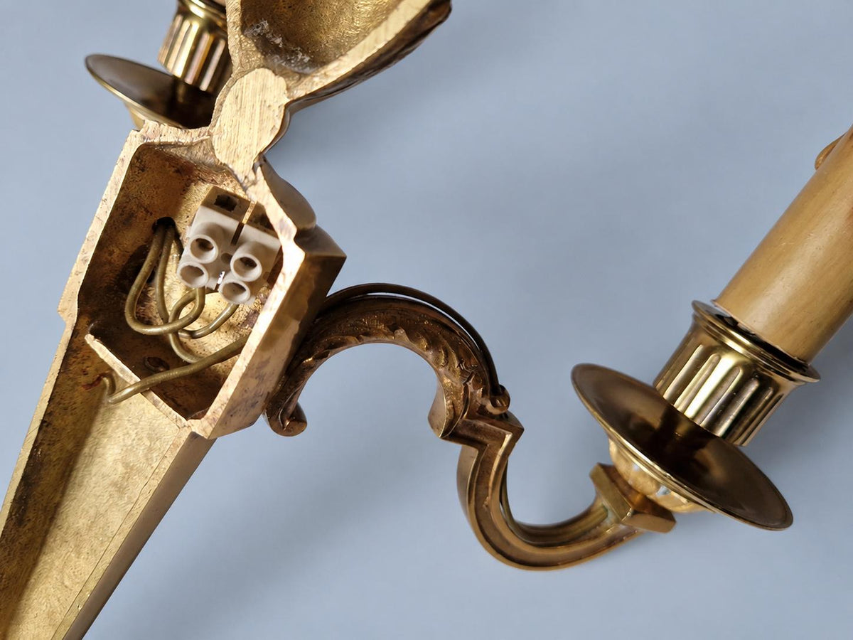 Vintage Pair of Louis XVI Style Brass-Tone Two-Arm Wall Sconces with Urn and Rosette