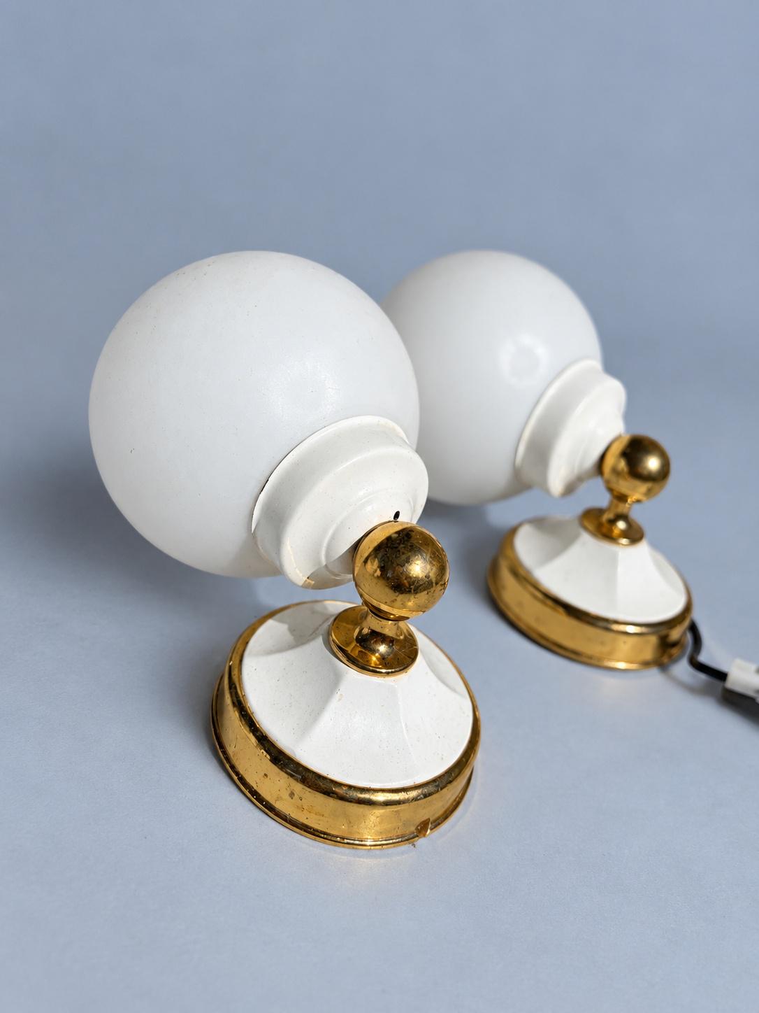 Vintage Pair of Hollywood Regency Style White and Gold-Tone Globe Wall Sconces