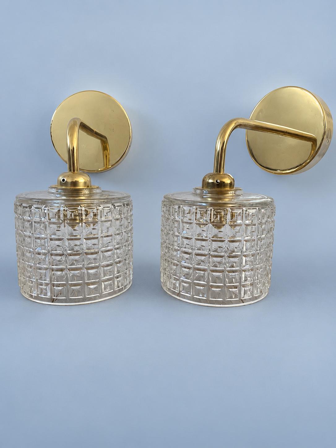 Vintage Pressed Glass Shades on Gold-Tone Wall Sconces, Pair, Newly Mounted