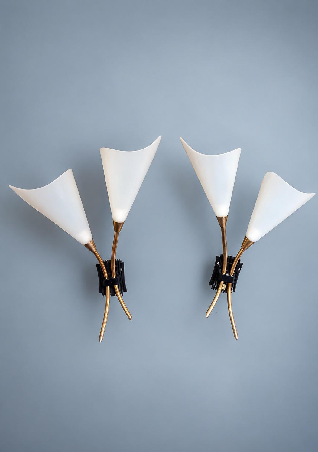 Vintage Pair of 1960s French Calla Lily Wall Sconces with Brass-Tone Stems and White Acrylic Shades