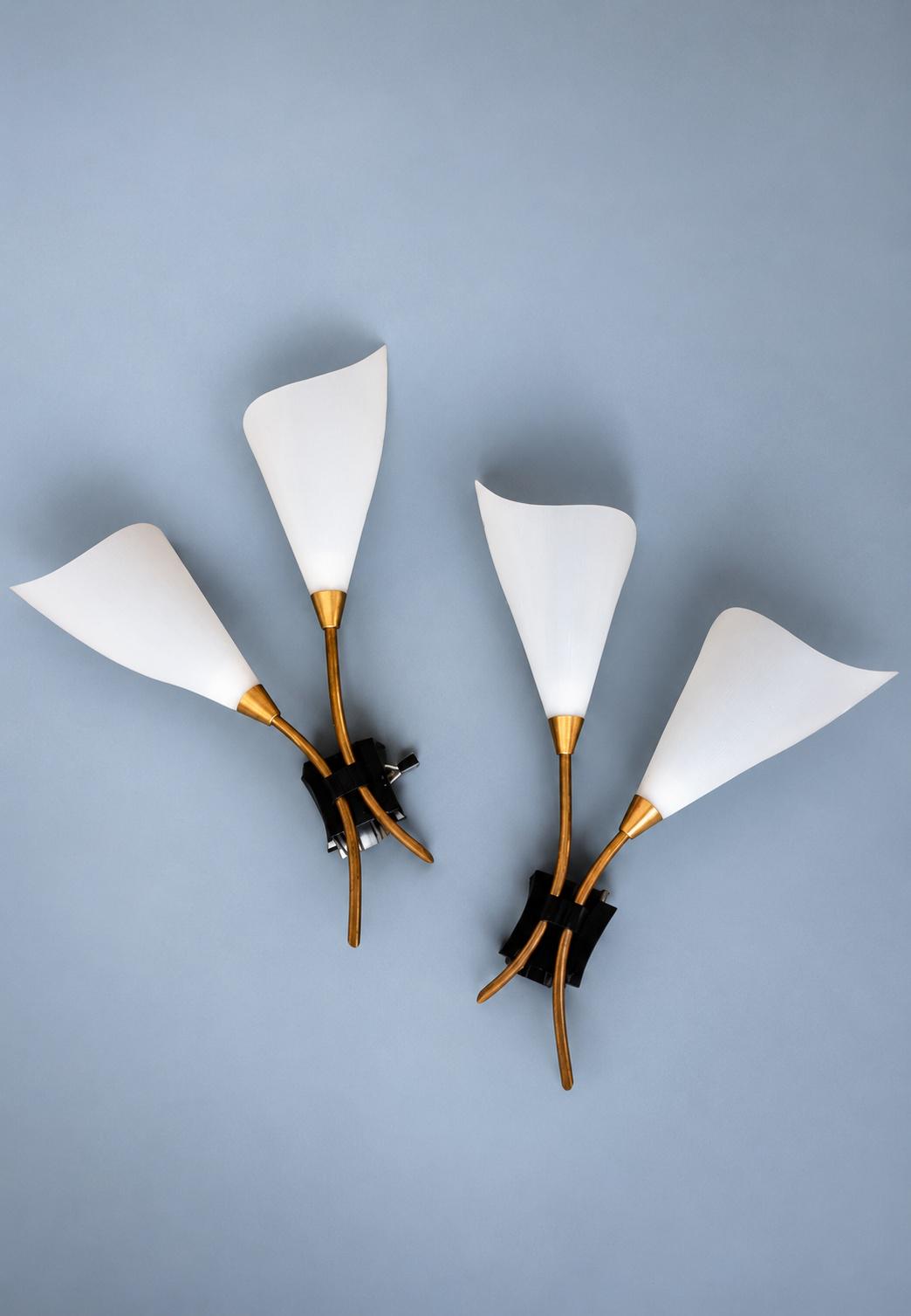 Vintage Pair of 1960s French Calla Lily Wall Sconces with Brass-Tone Stems and White Acrylic Shades
