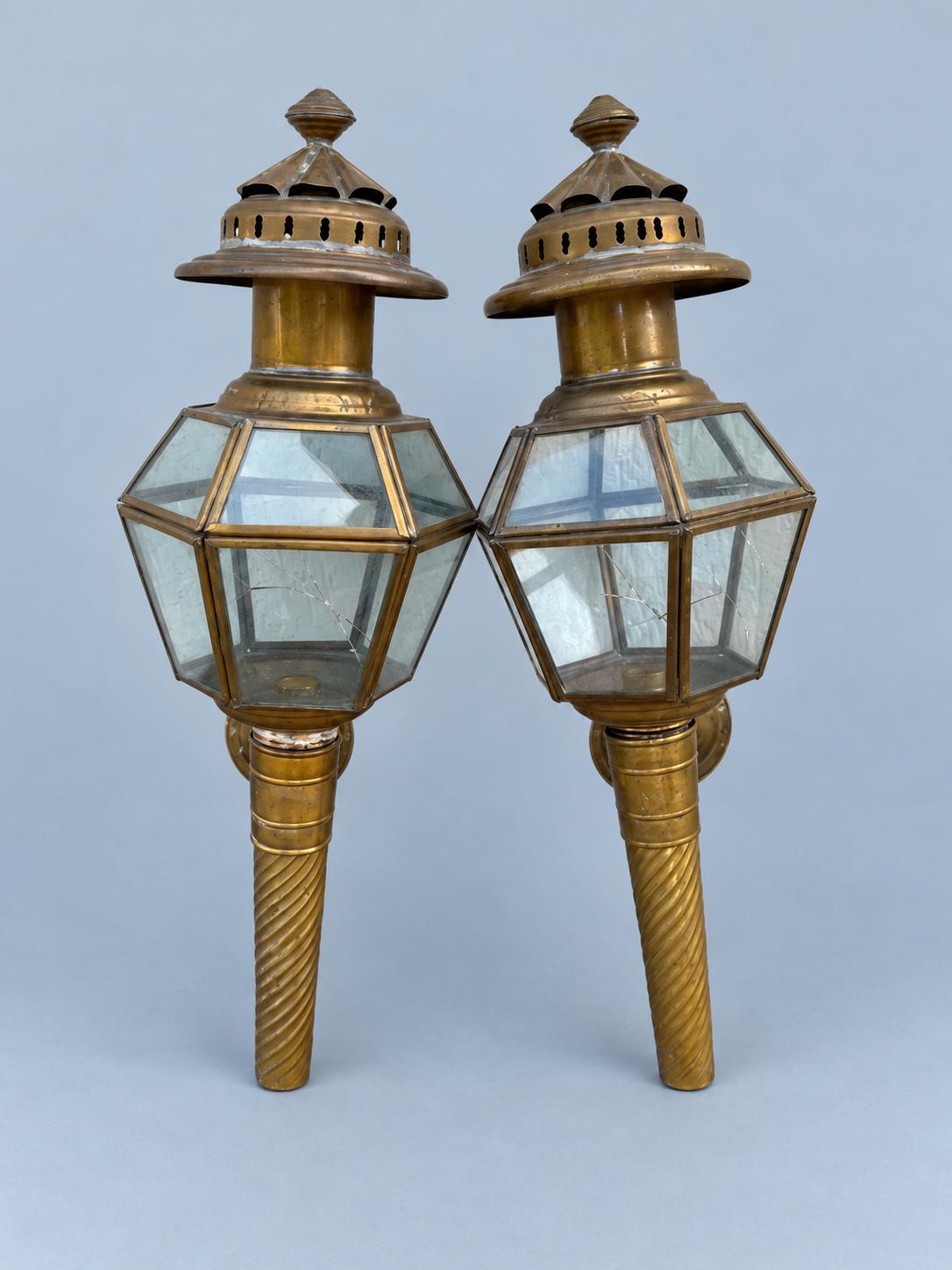 Vintage Pair of Brass-Tone Hexagonal Carriage-Style Wall Lanterns with Glass Panels
