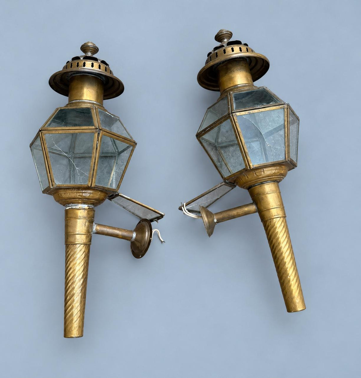 Vintage Pair of Brass-Tone Hexagonal Carriage-Style Wall Lanterns with Glass Panels