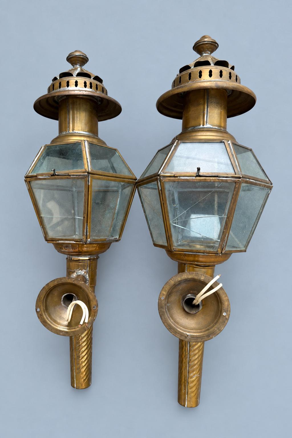 Vintage Pair of Brass-Tone Hexagonal Carriage-Style Wall Lanterns with Glass Panels
