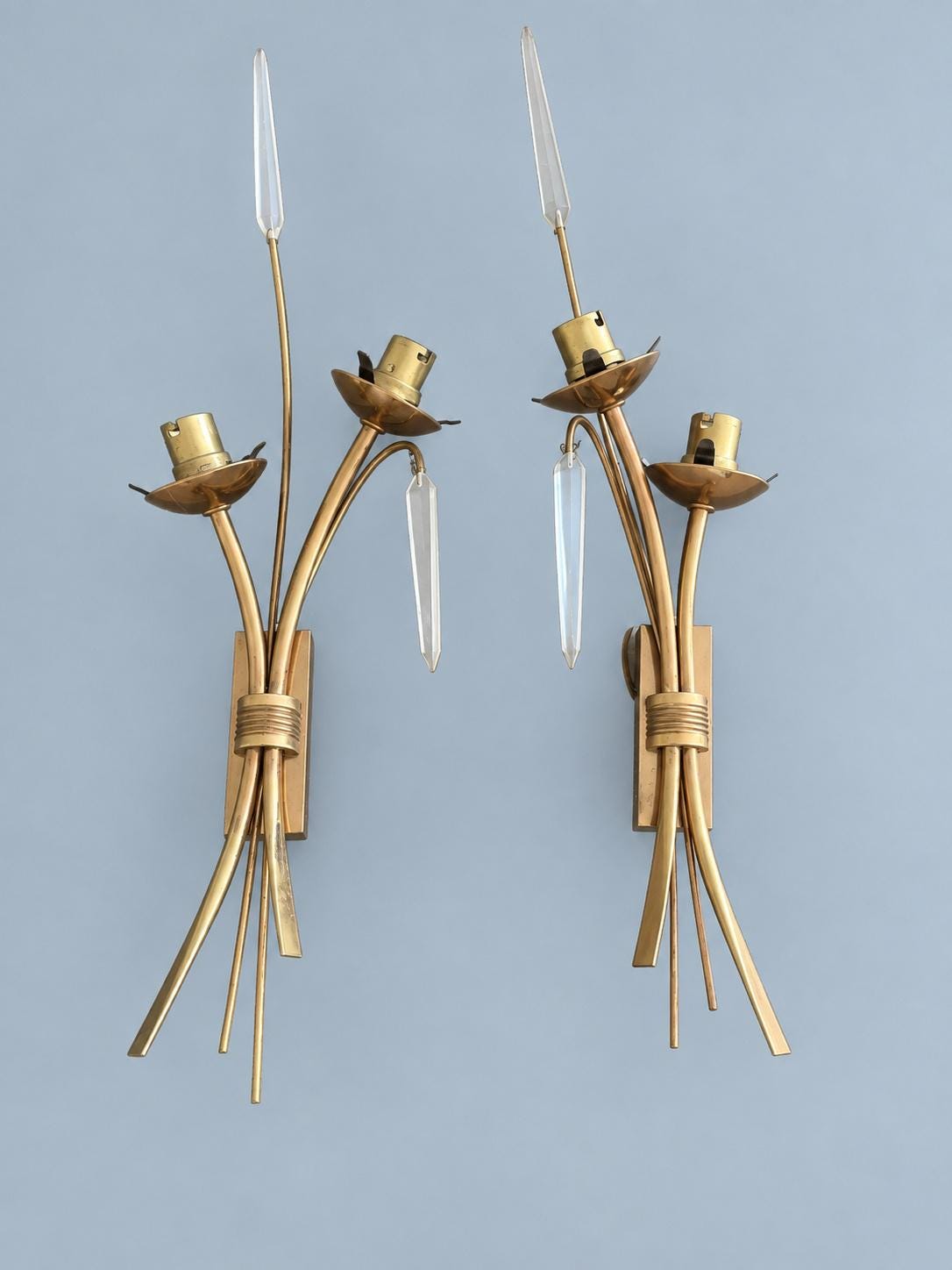 Pair of Vintage Gold-Tone Reed Wall Sconces, Two Arms Each, Clear Plastic Accents, Bare Bayonet Sockets, 50 cm