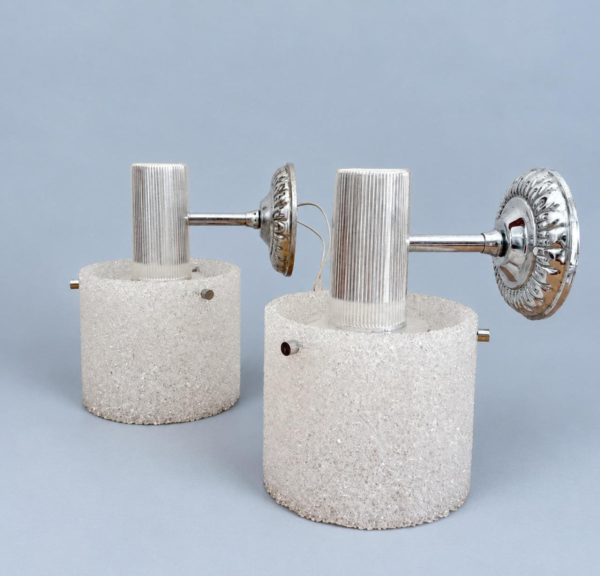 Vintage Pair of 1960s–70s French Silver-Tone Wall Sconces with Textured "Sugar" Acrylic Shades