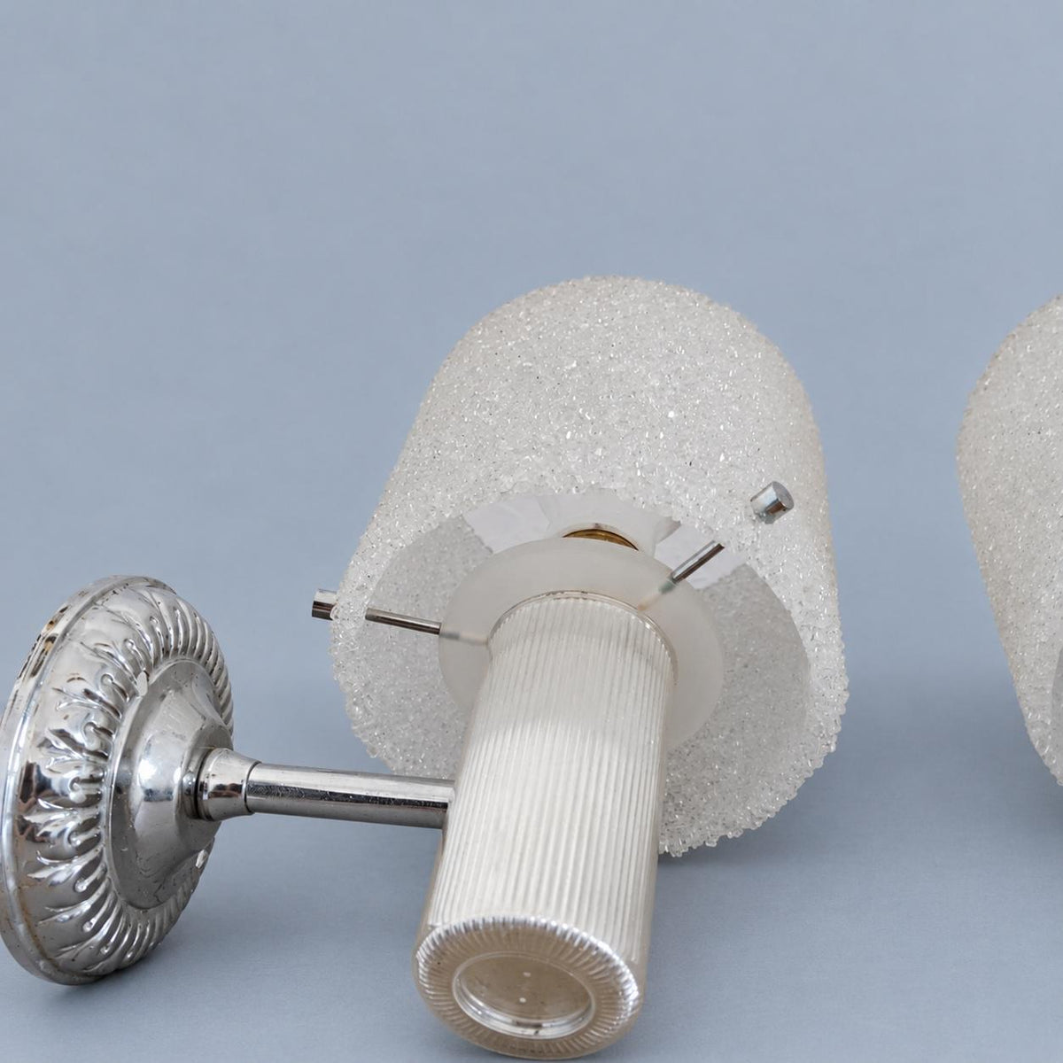Vintage Pair of 1960s–70s French Silver-Tone Wall Sconces with Textured "Sugar" Acrylic Shades