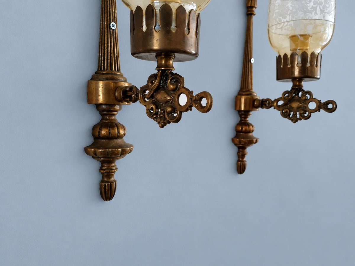 Vintage Pair of Brass-Tone Single-Arm Wall Sconces with Tall Iridescent Hurricane Glass Shades