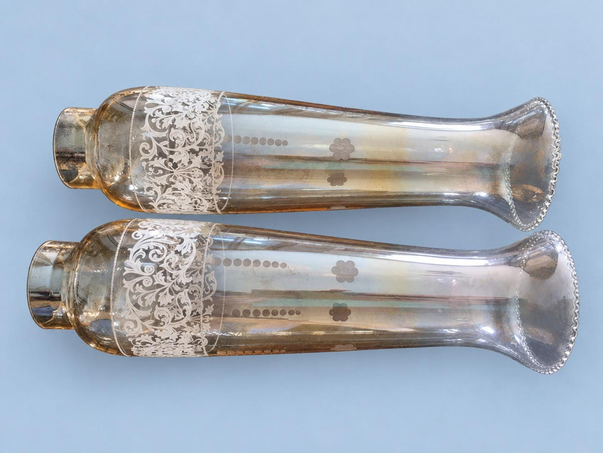 Vintage Pair of Brass-Tone Single-Arm Wall Sconces with Tall Iridescent Hurricane Glass Shades