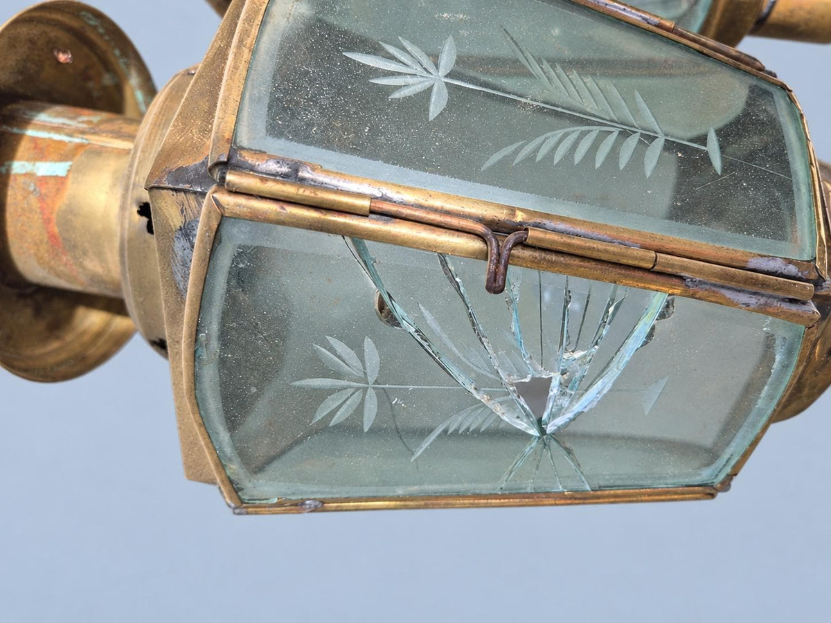 Vintage Pair of Brass-Tone French Fiacre Carriage Wall Lanterns with Etched Wheat Glass Panels