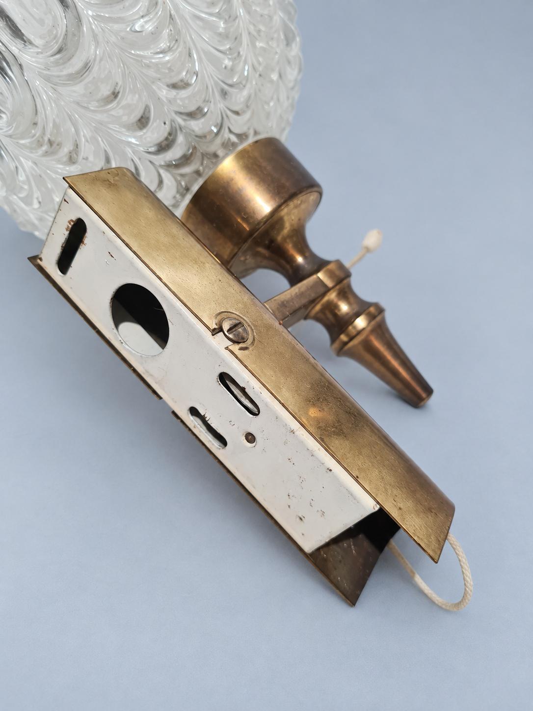 Vintage Pair of 1950s Brass-Tone Wall Sconces with Clear Teardrop-Pattern Glass Shades and Pull Cords