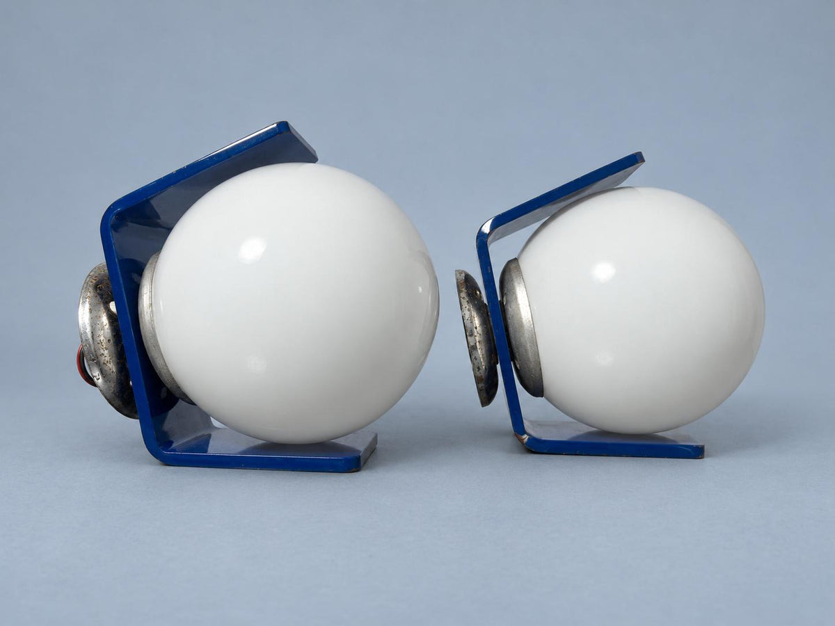 Vintage Pair of 1970s Space Age Wall Lights with White Glass Globes in Blue Acrylic Cradles