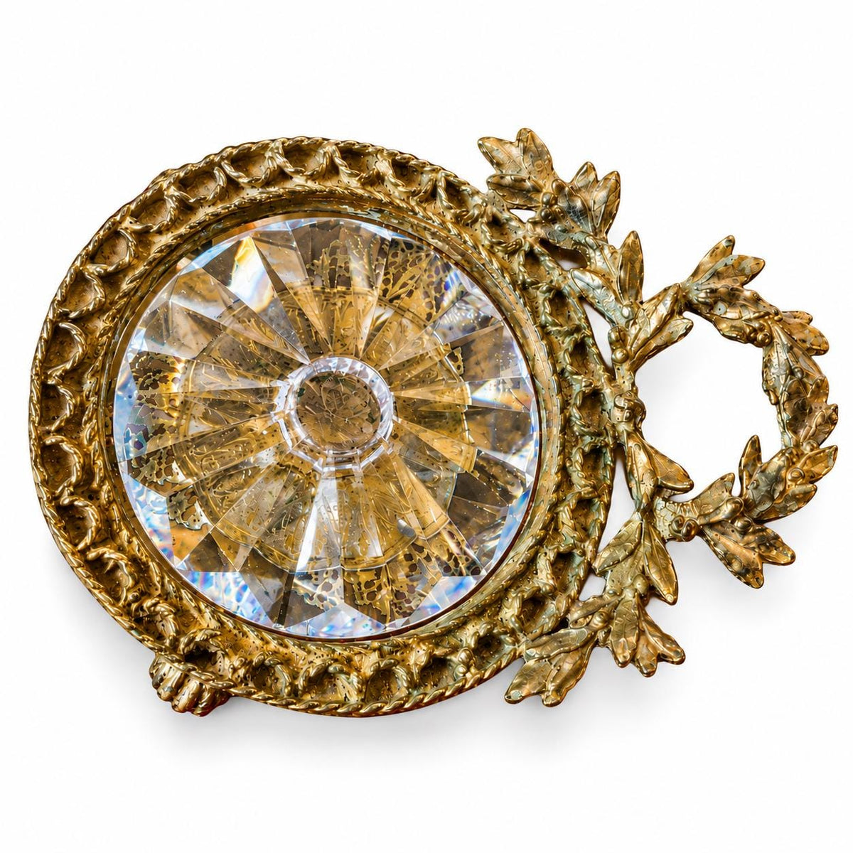 Vintage Faceted Glass Chamberstick in Patinated Metal Frame with Laurel Wreath Handle and Tripod Feet