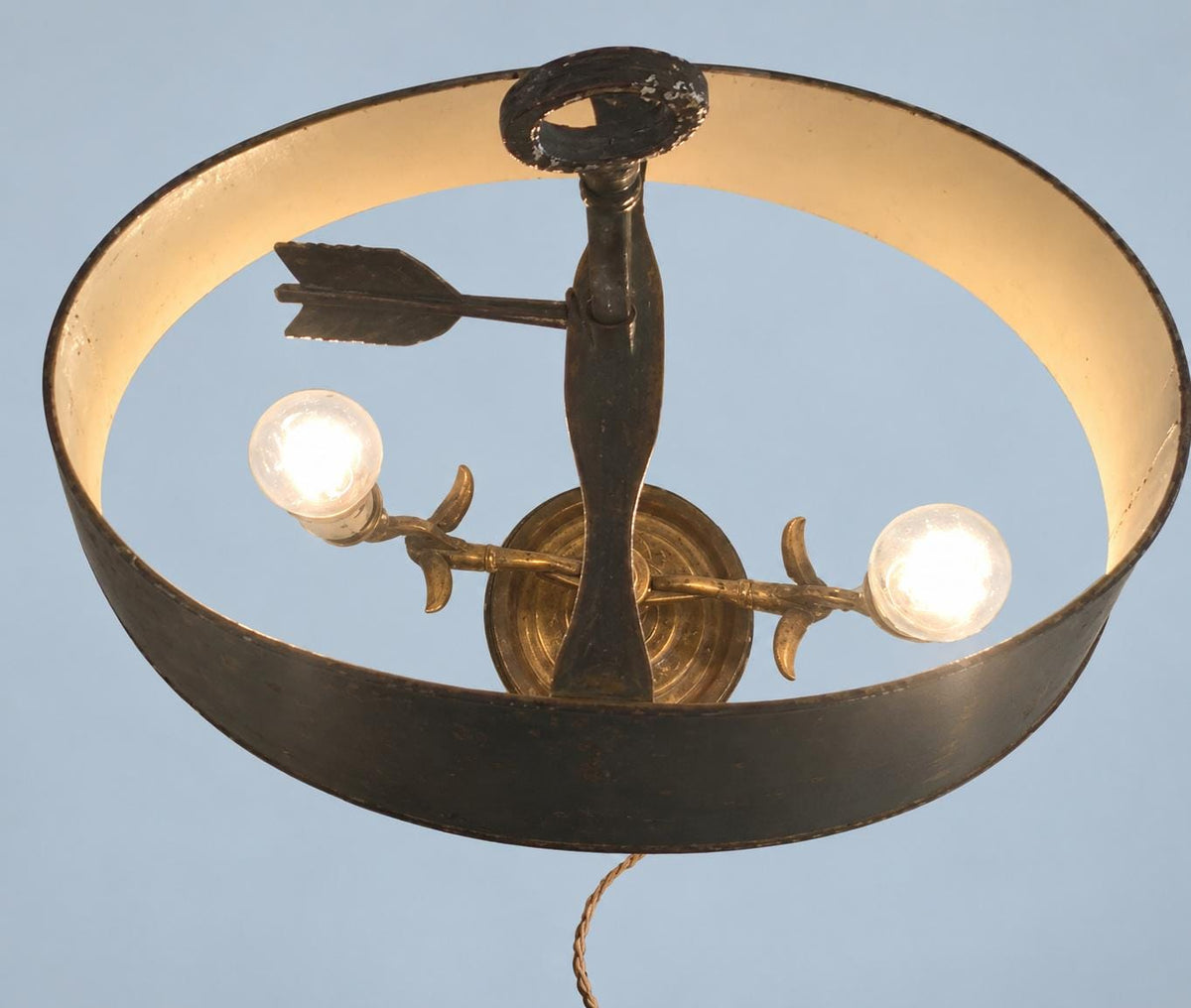 Vintage Empire Style Two-Light Bouillotte Lamp, Bird-Head Arms, Black Tole Shade, Ring Finial, Approx. 60 cm