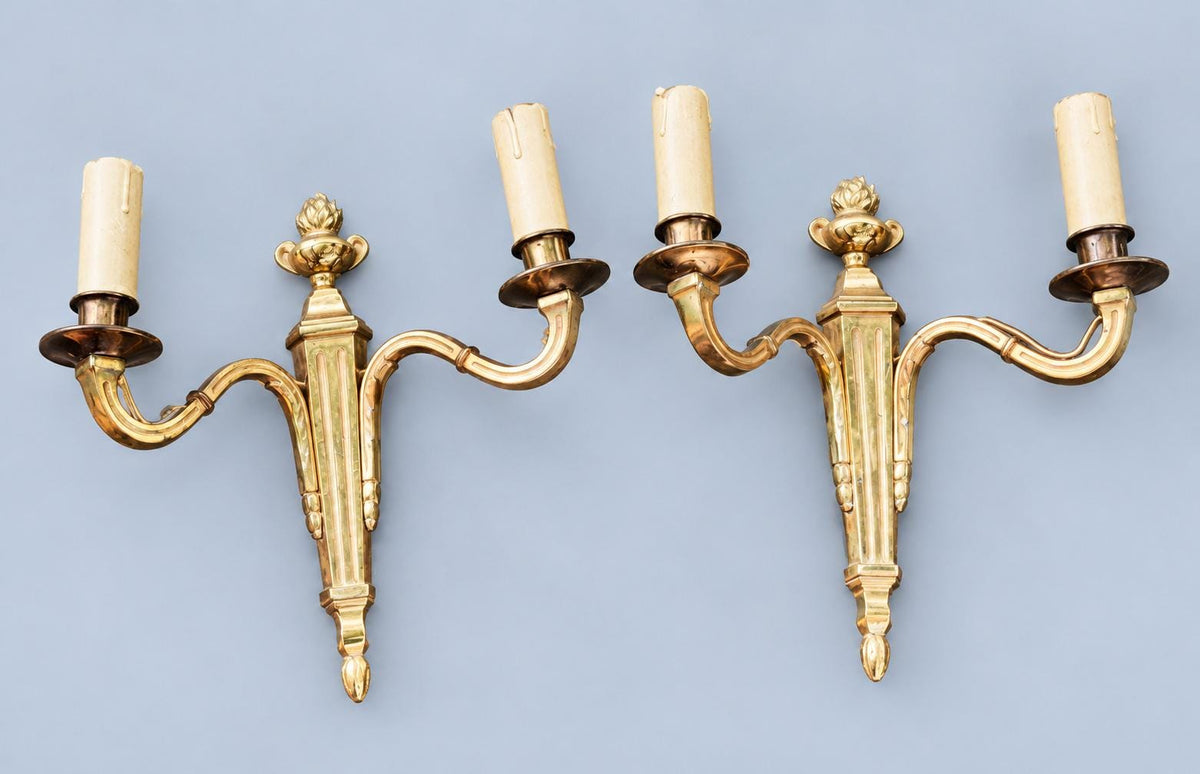 Vintage Pair of Louis XVI Style Gilt Metal Two-Arm Wall Sconces with Fluted Shaft
