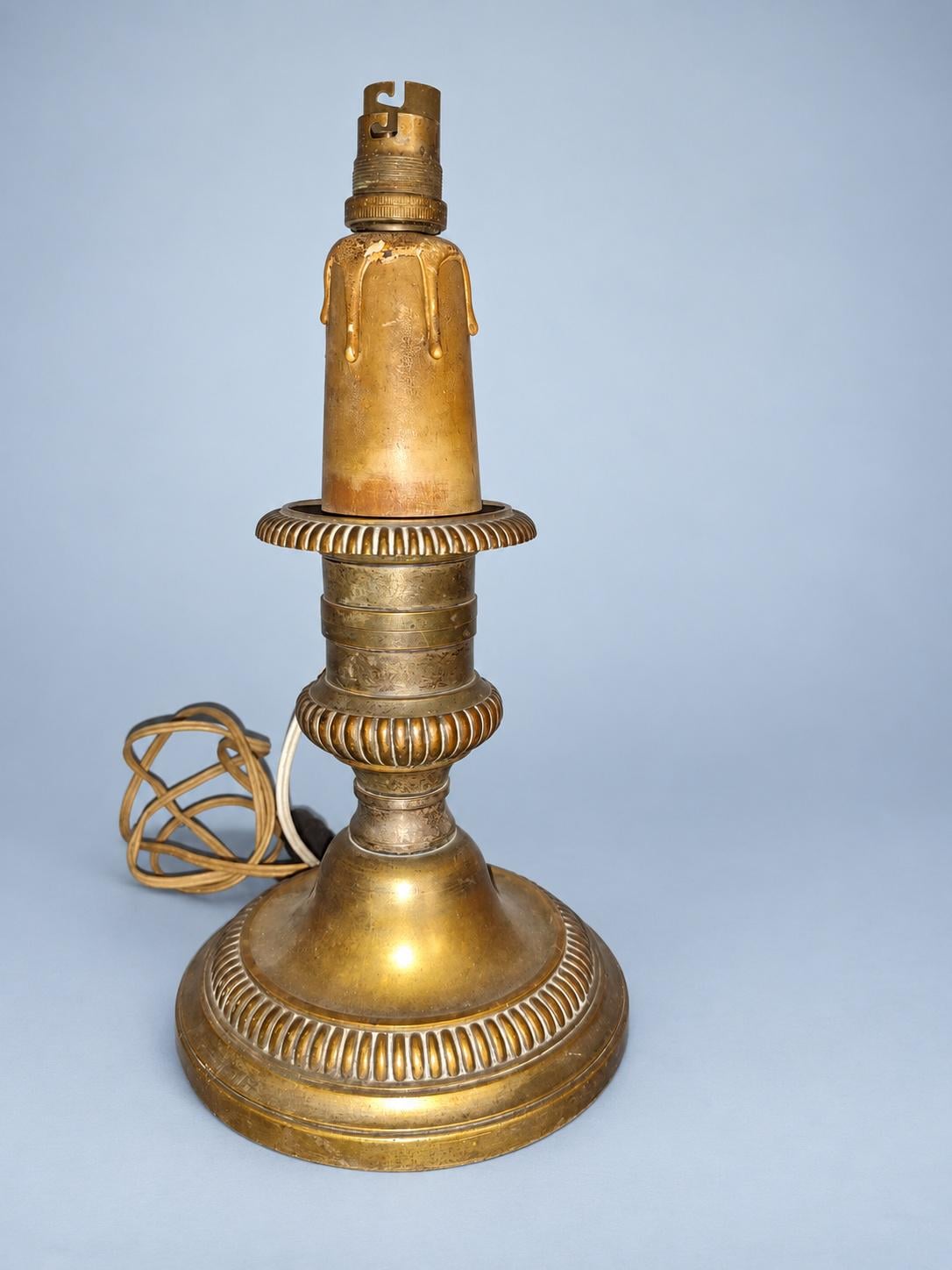 Antique Large Bronze-Tone Candlestick Table Lamp with Gadrooned Base and Drip Pan