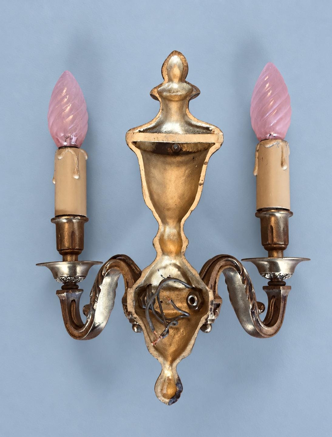Vintage Pair of French Louis XVI Style Gilt Metal Two-Arm Wall Sconces with Urn and Laurel Wreath