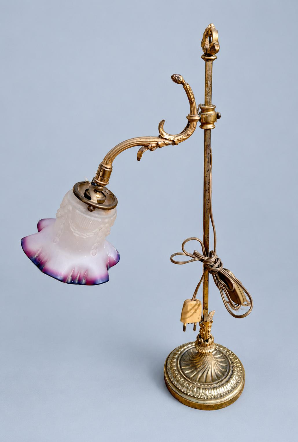 Vintage French Gilt Metal Sliding Desk Lamp with Frosted Glass Tulip Shade and Ruffled Cranberry-Tone Rim