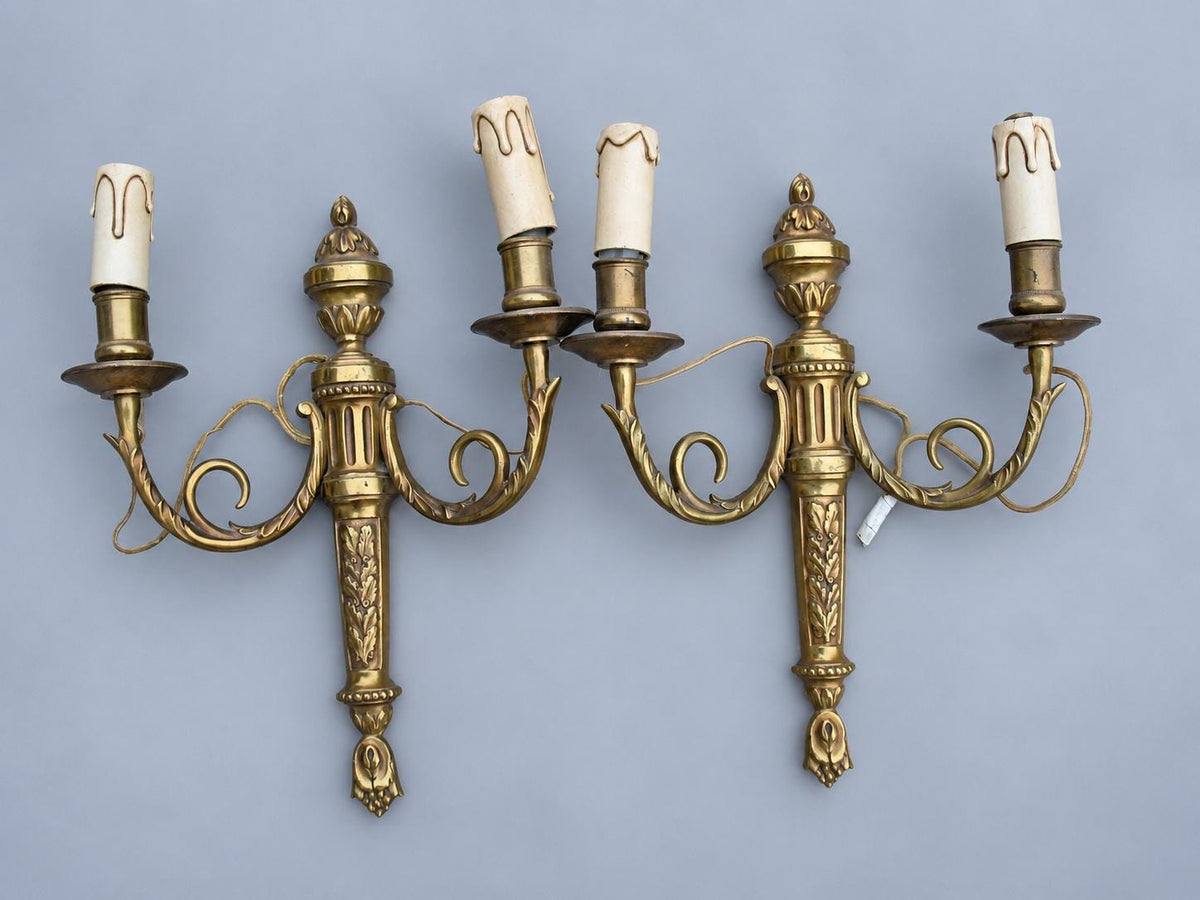 Vintage Pair of Louis XVI Style Brass-Tone Two-Arm Wall Sconces with Urn and Oak-Leaf Shaft