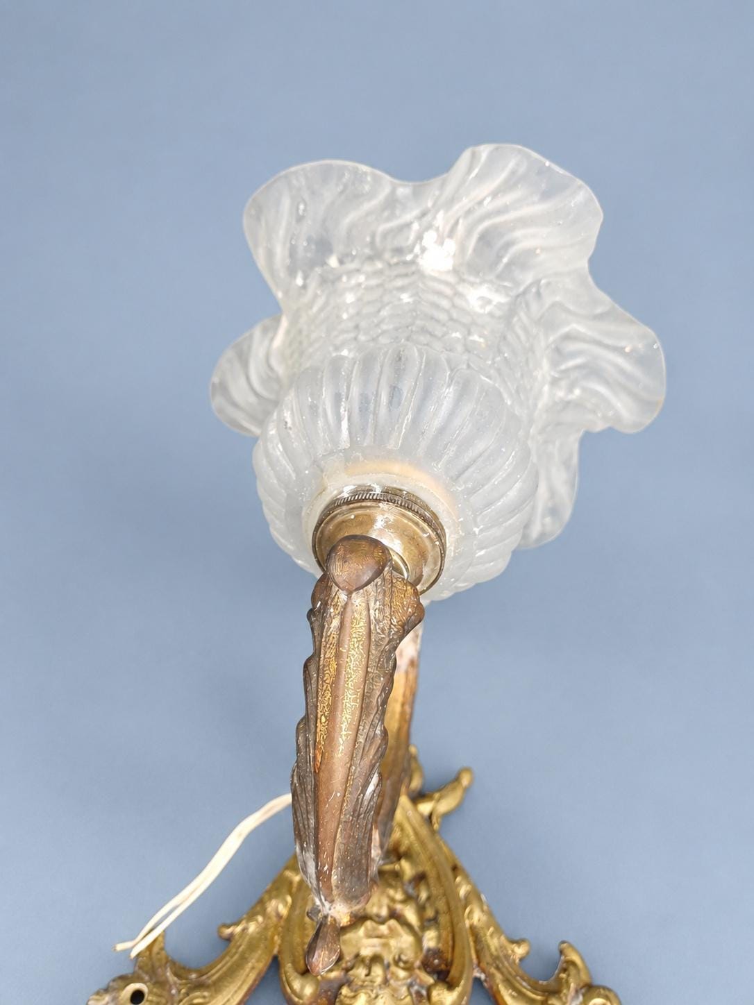 Vintage Pair of Louis XV Style Gilt Metal Wall Sconces with Ruffled Frosted Glass Tulip Shades