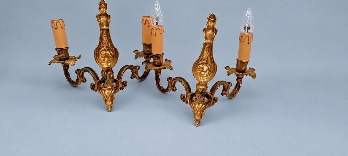 Vintage Pair of Louis XV Style Gilt Metal Two-Arm Wall Sconces with Shell Cartouche Stem