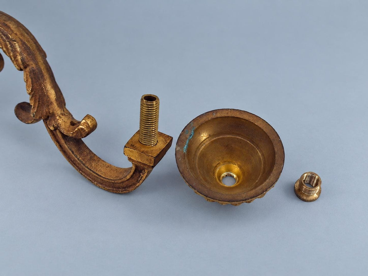 1950s Brass and Bronze Wall Sconce Pair, Louis XVI Style Leaf Quiver Backplates and Single Scroll Arms