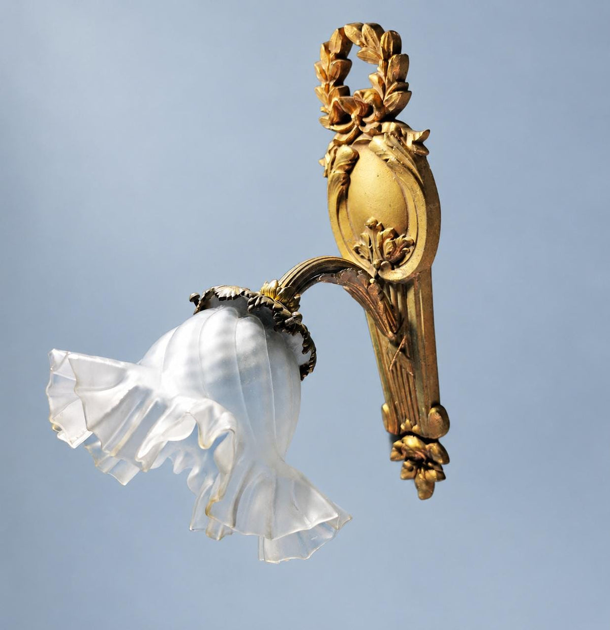 Antique Single Louis XVI Style Bronze-Tone Wall Sconce with Laurel Wreath and Frosted Glass Tulip Shade