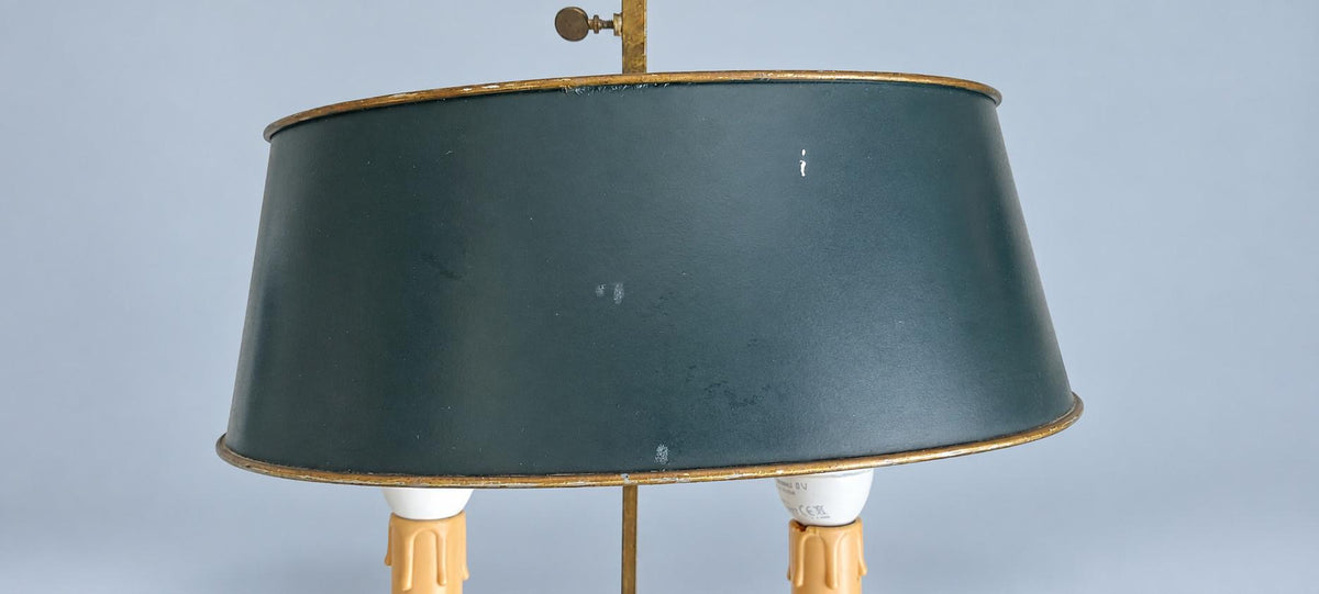 Vintage Two-Light Bouillotte Table Lamp, Green Tole Shade, Baluster Stem and Scalloped Metal Base
