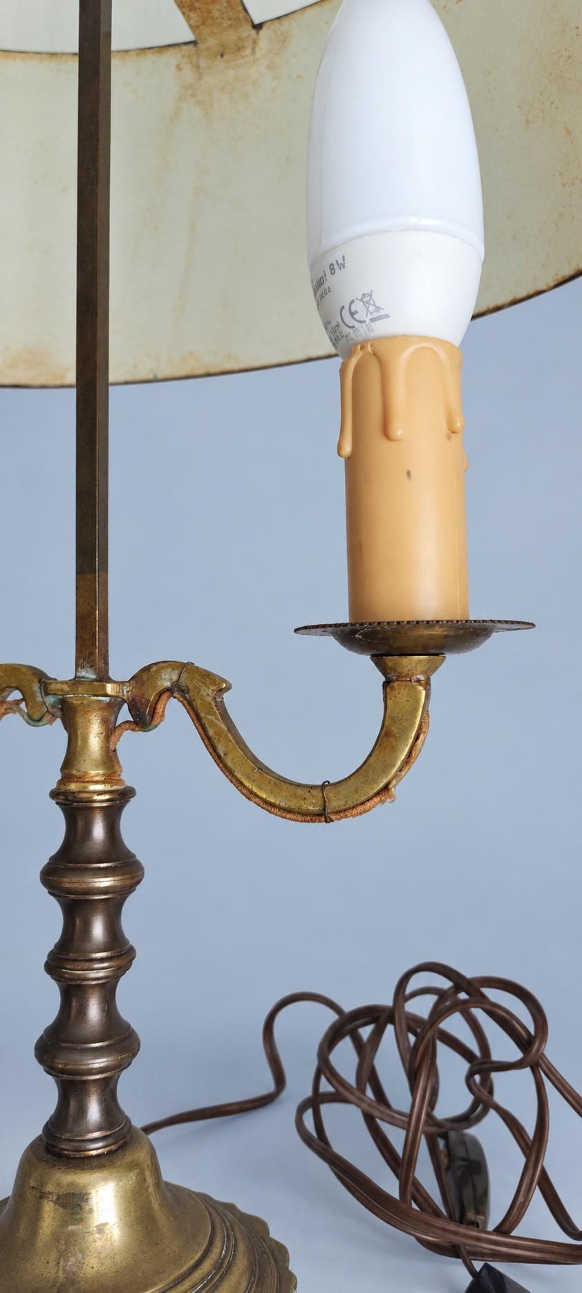 Vintage Two-Light Bouillotte Table Lamp, Green Tole Shade, Baluster Stem and Scalloped Metal Base
