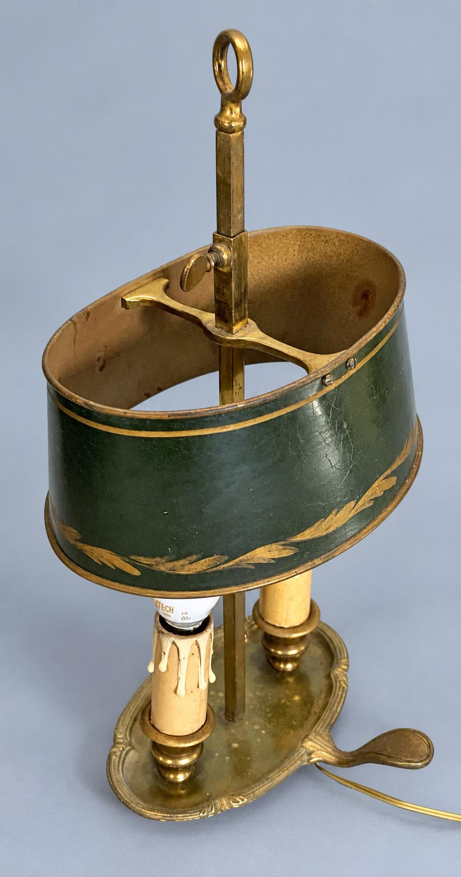 Vintage Small Bouillotte Two-Light Lamp with Bronze-Tone Dished Base and Green Tôle Shade