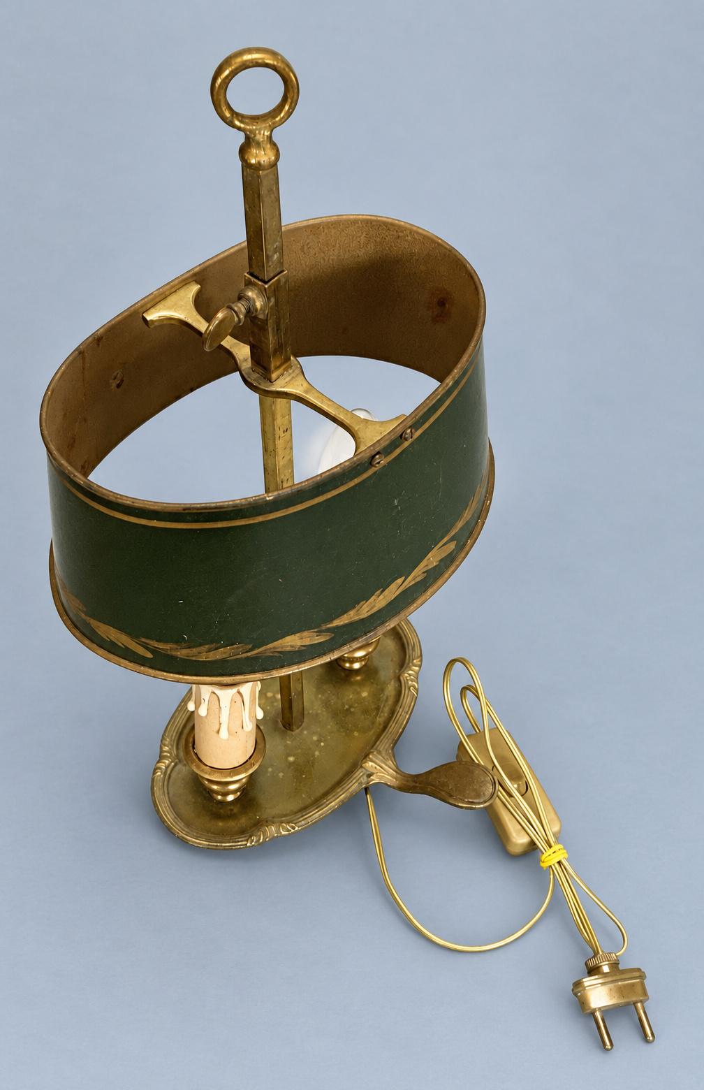Vintage Small Bouillotte Two-Light Lamp with Bronze-Tone Dished Base and Green Tôle Shade