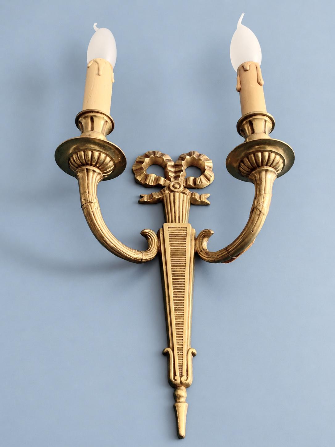 Vintage Single French Louis XVI Style Gilt Metal Two-Arm Wall Sconce with Ribbon Bow and Tapering Shaft