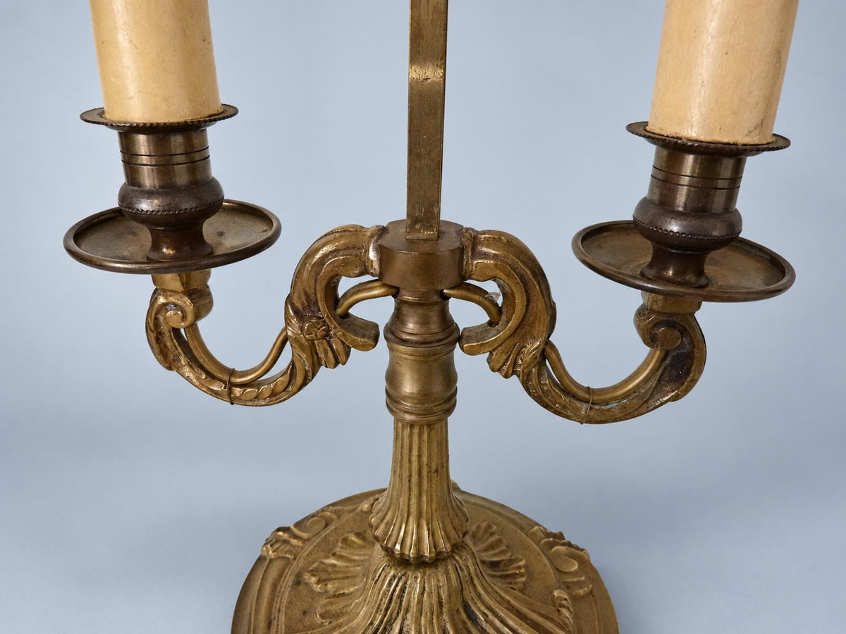 Vintage Bouillotte-Style Two-Light Gilt Metal Lamp with Louis XV Base and Burgundy Tôle Shade