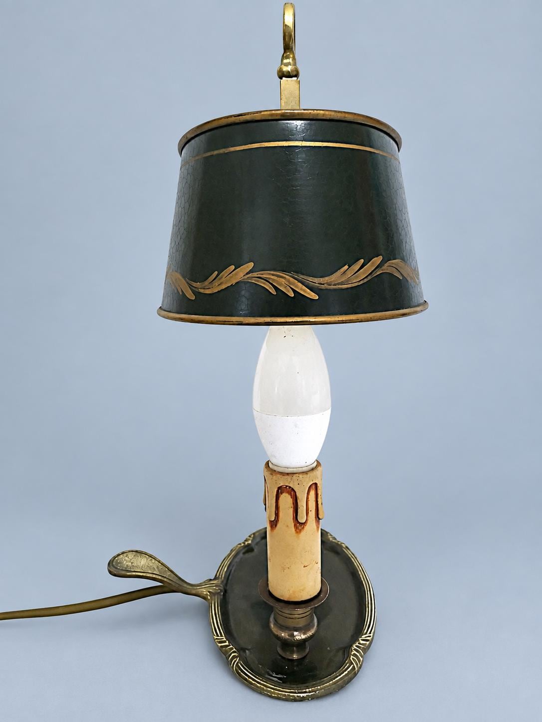 Vintage Small Bouillotte Two-Light Brass-Tone Table Lamp with Oval Green Tôle Shade