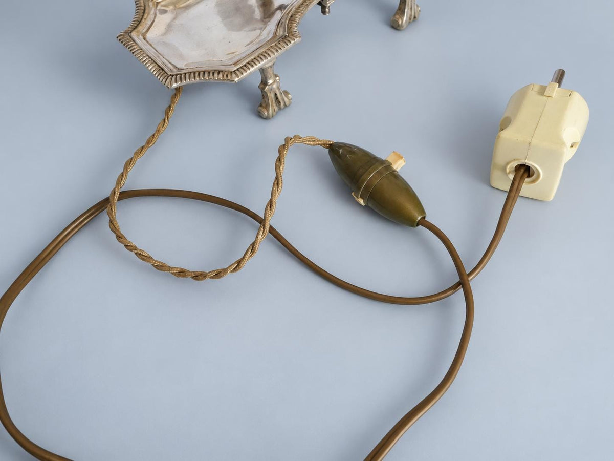 Vintage Bouillotte-Style Silver-Tone Two-Light Table Lamp with Paw Feet and Oxblood Tôle Shade