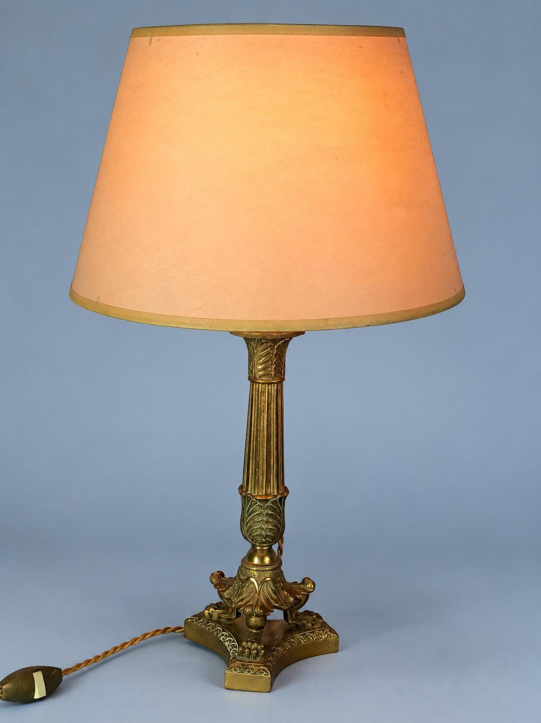 Antique Bronze Candlestick Table Lamp, Fluted Palm Column, Lion Claw Feet, Cream Shade, 44 cm