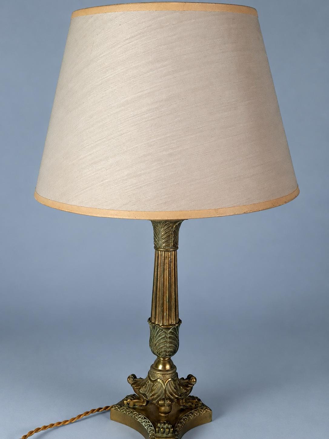 Antique Bronze Candlestick Table Lamp, Fluted Palm Column, Lion Claw Feet, Cream Shade, 44 cm