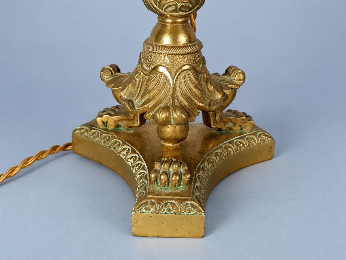 Antique Bronze Candlestick Table Lamp, Fluted Palm Column, Lion Claw Feet, Cream Shade, 44 cm