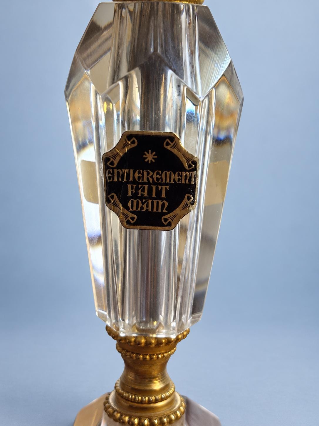 Vintage 1950s Louis XVI Style Cut Clear Glass and Gilt Metal Table Lamp with Gathered Fabric Shade