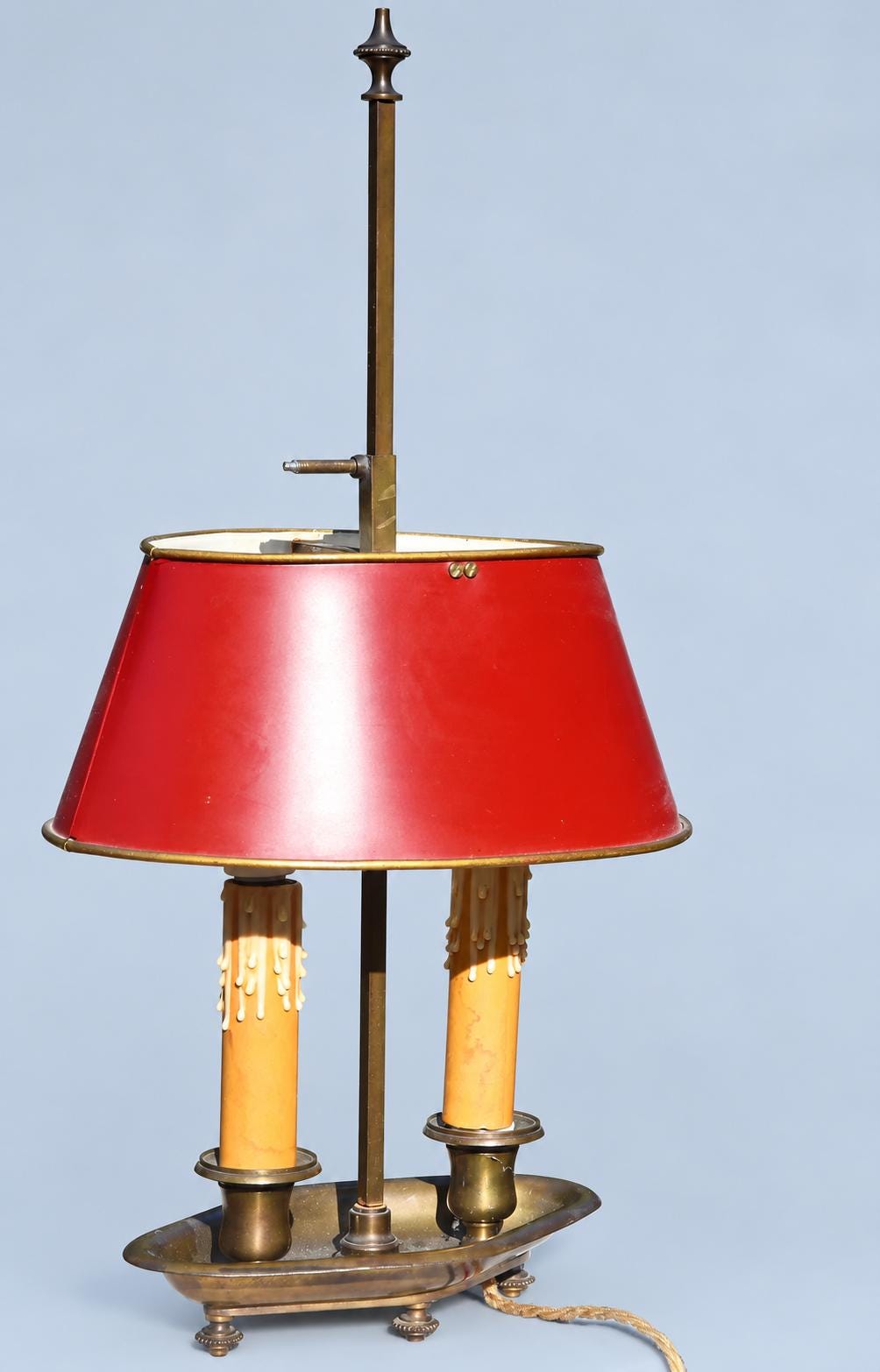 Vintage Bouillotte Two-Light Lamp with Patinated Brass-Tone Navette Base and Red Tôle Shade