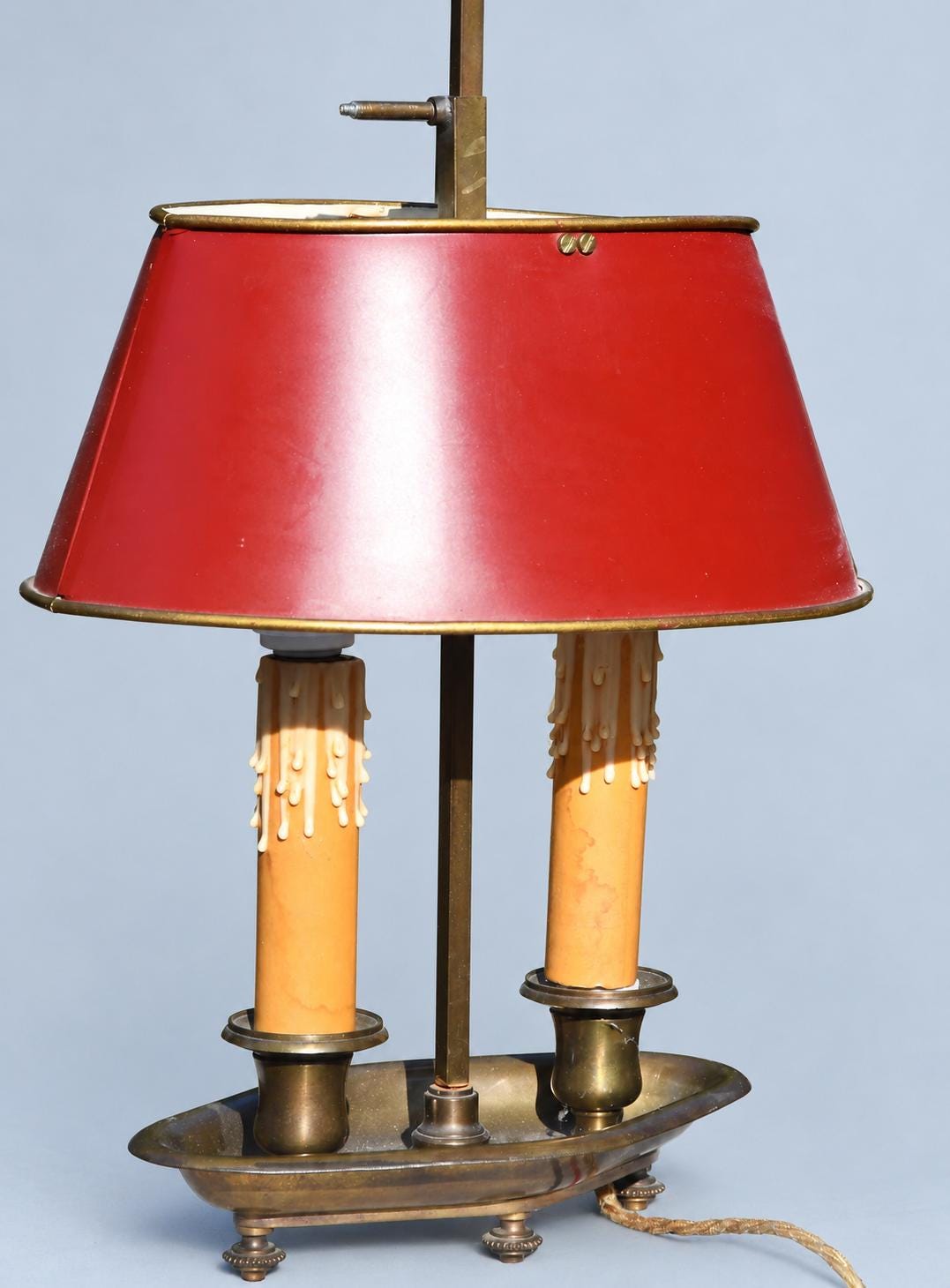 Vintage Bouillotte Two-Light Lamp with Patinated Brass-Tone Navette Base and Red Tôle Shade