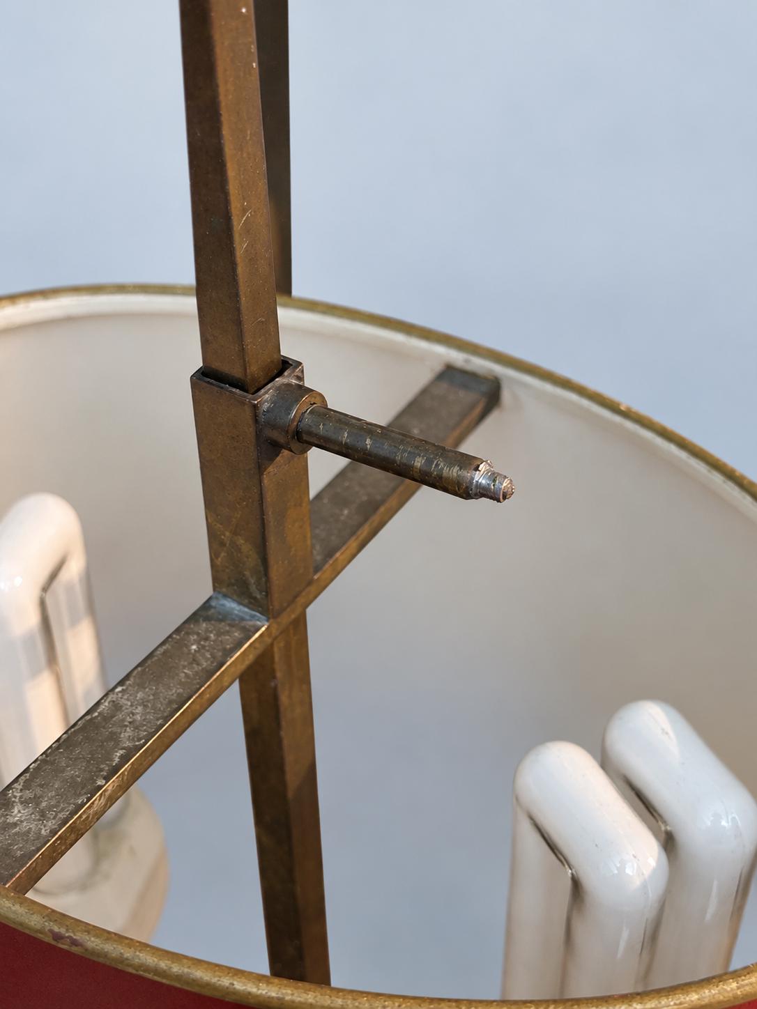 Vintage Bouillotte Two-Light Lamp with Patinated Brass-Tone Navette Base and Red Tôle Shade