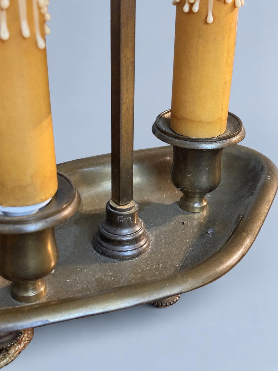 Vintage Bouillotte Two-Light Lamp with Patinated Brass-Tone Navette Base and Red Tôle Shade