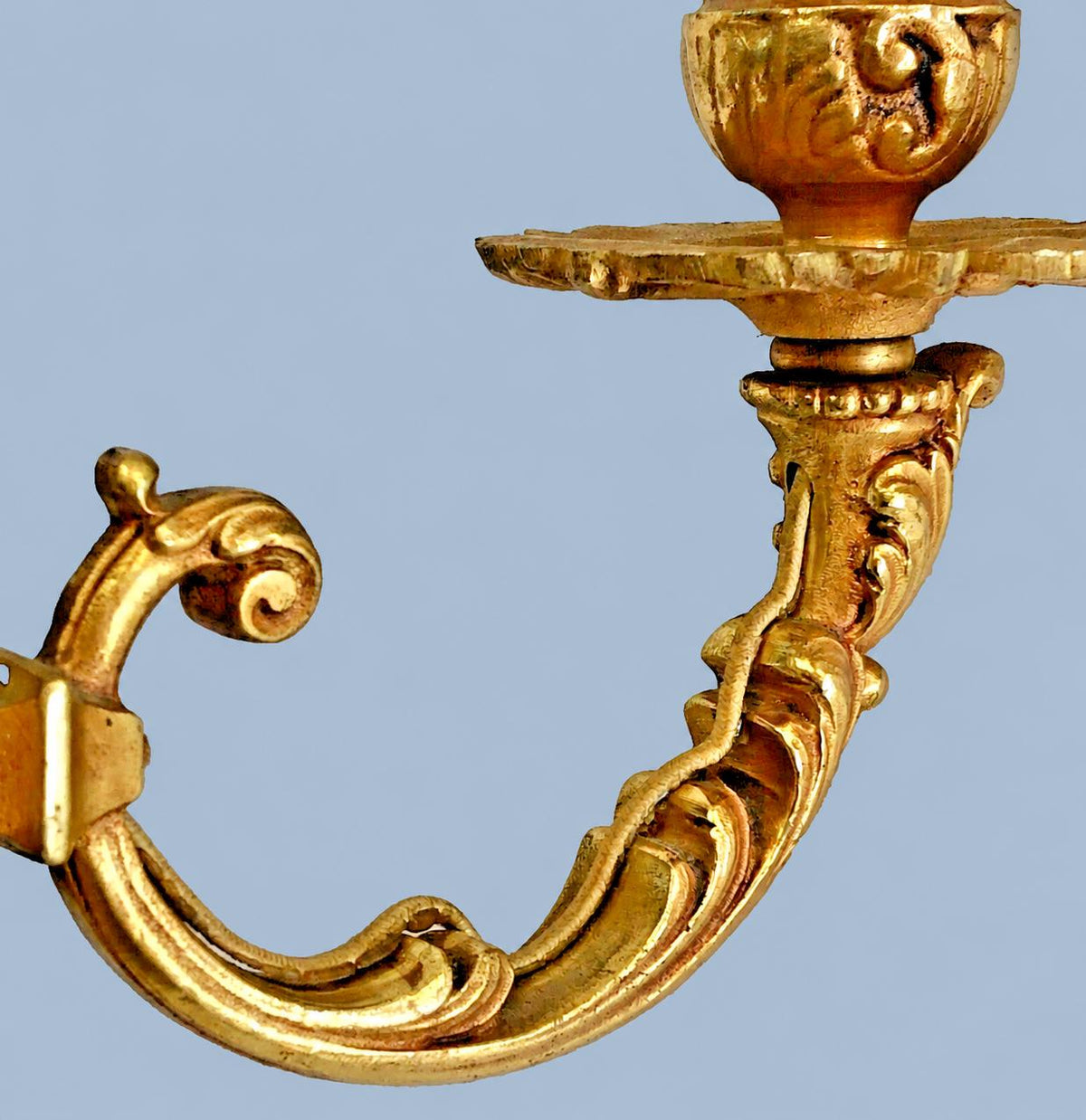 Vintage Pair of Louis XVI Style Two-Arm Gilt Metal Wall Sconces with Flame-Topped Urn and Acanthus Scroll Arms