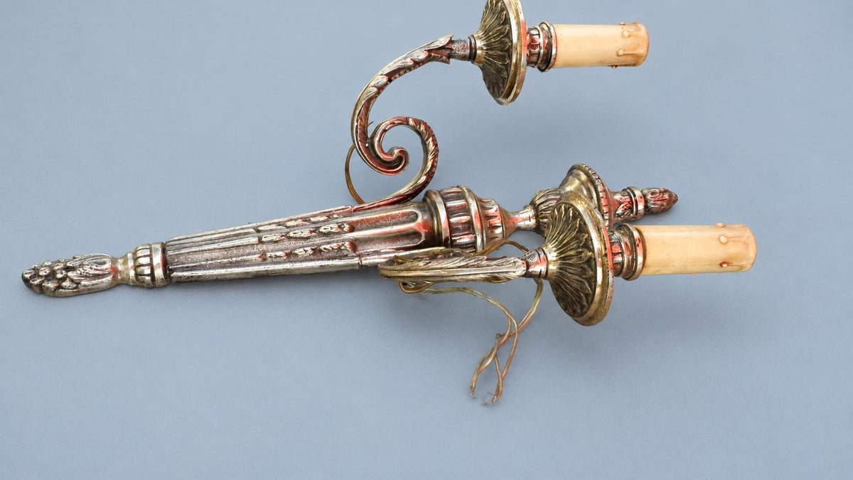 Vintage Louis XVI Style Single Two-Arm Silver-Tone Wall Sconce with Fluted Torch and Palmette Drip Pans