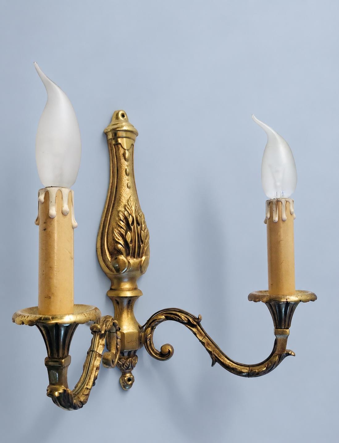 Vintage Pair of French Louis XVI Style Two-Arm Bronze-Tone Wall Sconces with Acanthus Back Plates