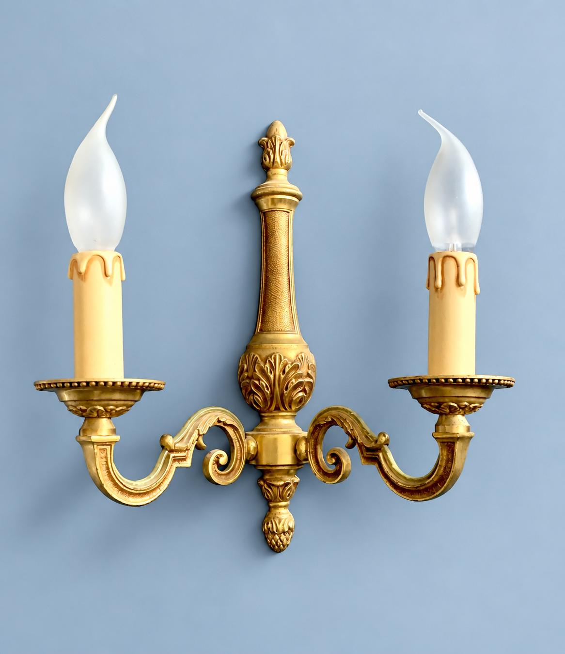Vintage Pair of French Louis XVI Style Two-Arm Gilt Metal Wall Sconces with Acanthus Column Back Plates