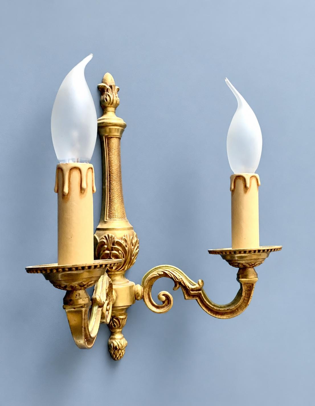 Vintage Pair of French Louis XVI Style Two-Arm Gilt Metal Wall Sconces with Acanthus Column Back Plates